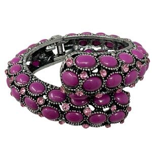 Purple Pink Bypass Chunky Rhinestone Statement Hinged Bangle Bracelet